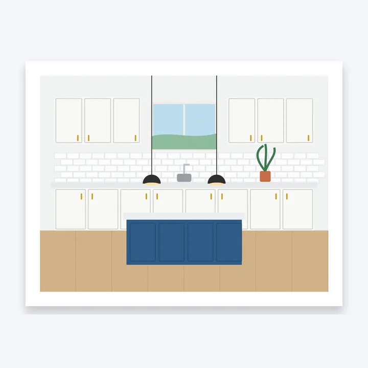 A Letter page of a PDF with a photo of a finished kitchen, white cabinets and a blue island