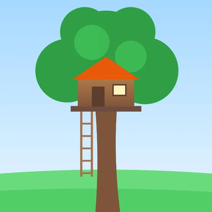 A treehouse with an orange roof in a green tree, a picture saved as .jpg for printing