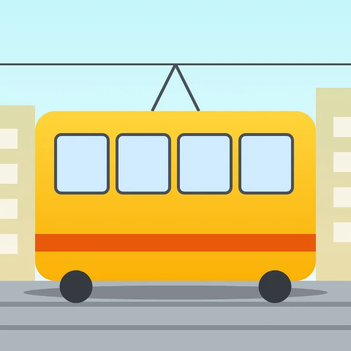 A yellow tram on its tracks between buildings, a picture saved as .jpg for a website