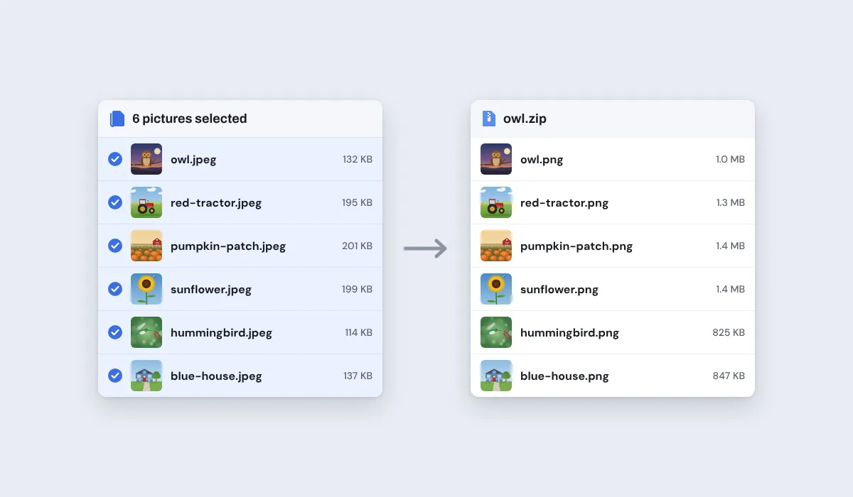 Six JPEG files selected together, owl, red-tractor, pumpkin-patch, sunflower, hummingbird and blue-house, beside owl.zip holding the six PNG images, each named after its file