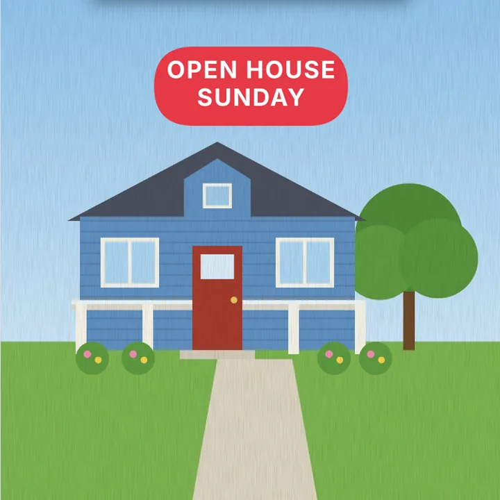The words OPEN HOUSE SUNDAY in a red label in the sky above the blue house