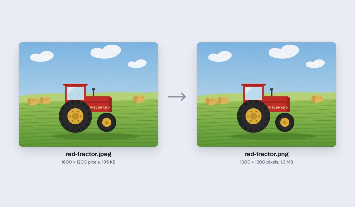A red tractor in a field as a JPEG, 1600 by 1200 pixels and 195 KB, beside the PNG it became, 1600 by 1200 pixels and 1.3 MB