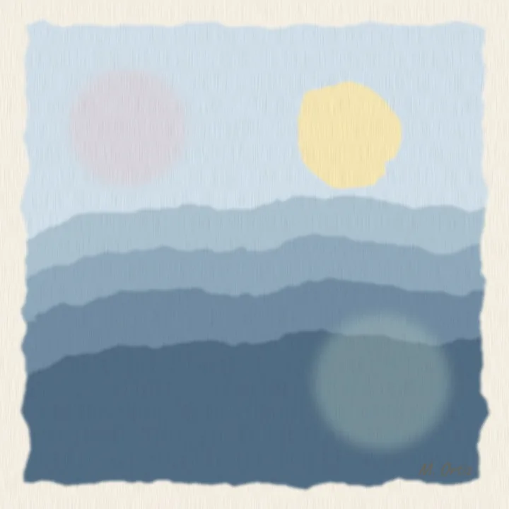 A watercolor painting of blue hills under a yellow sun, signed M. Ortiz