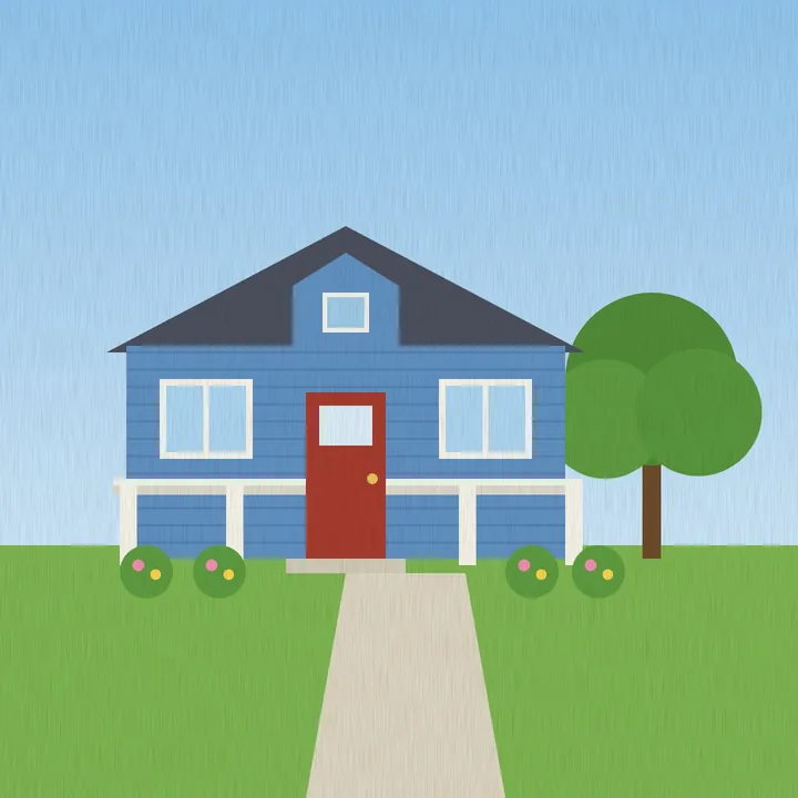 A blue house with a white porch, a red door and a front lawn