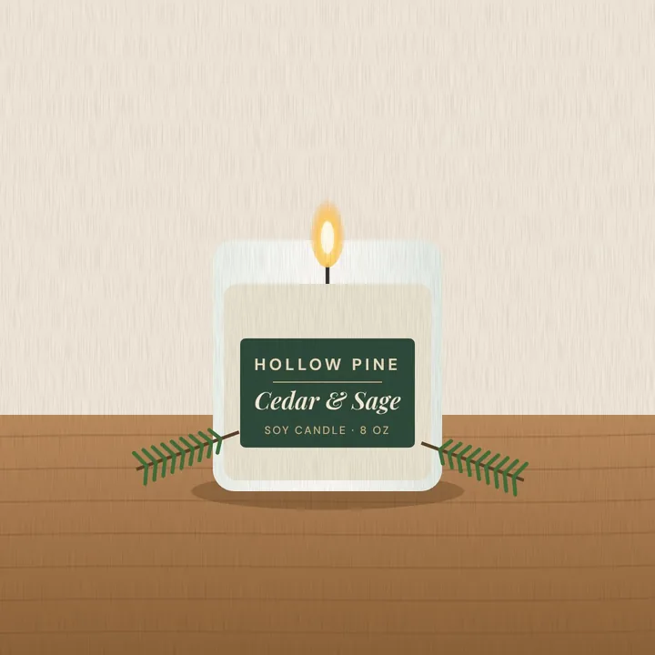 A Hollow Pine Cedar and Sage soy candle in a glass jar on a wooden table