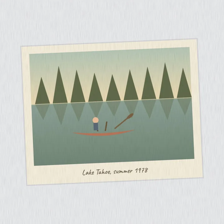 An old snapshot of a canoe on a lake, Lake Tahoe, summer 1978, scanned with its white border