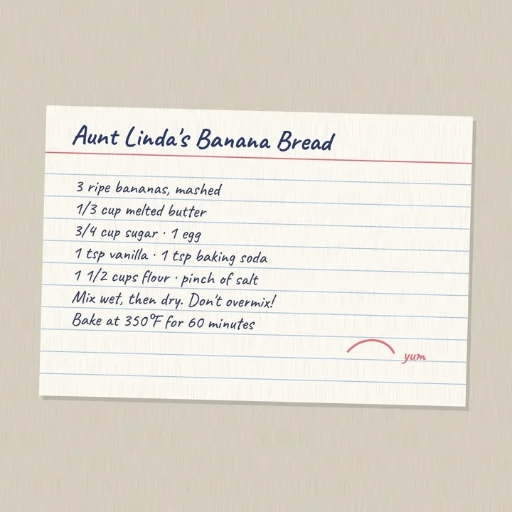 A handwritten recipe card for Aunt Linda's Banana Bread