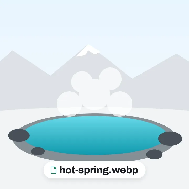 A steaming hot spring among snowy mountains, saved on its own as hot-spring.webp