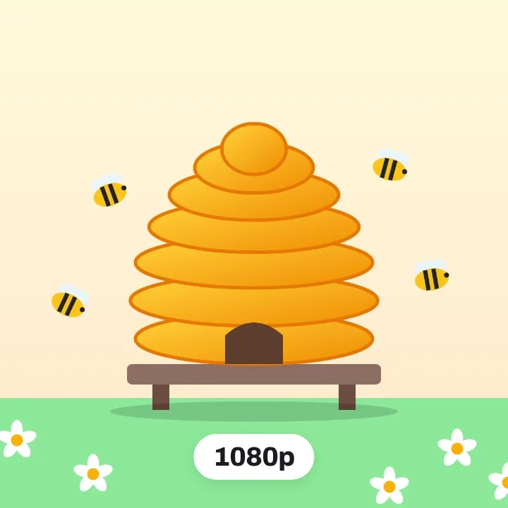 A straw beehive with bees around it, saved at 1080p