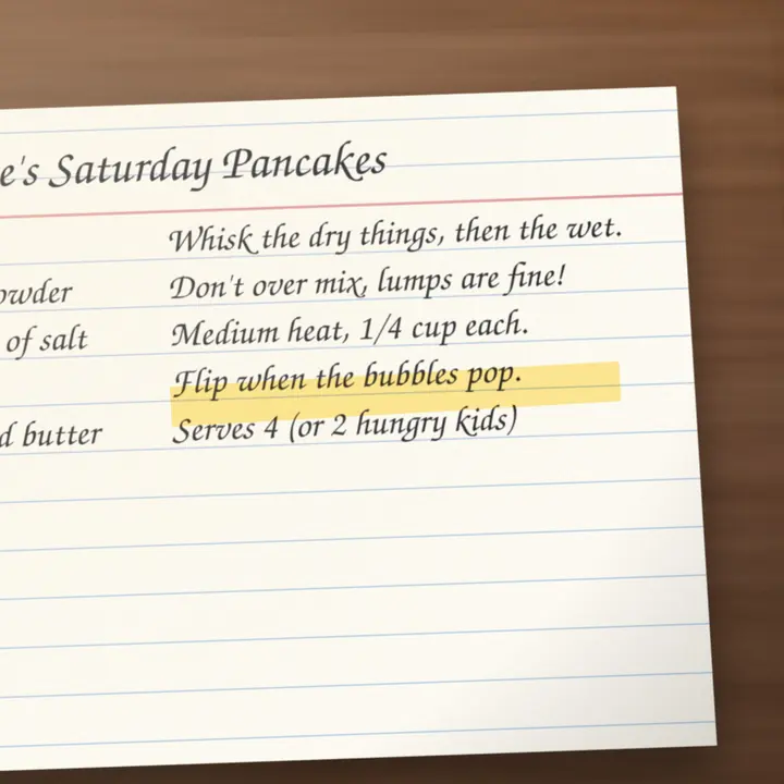 The line Flip when the bubbles pop highlighted in yellow on the recipe card
