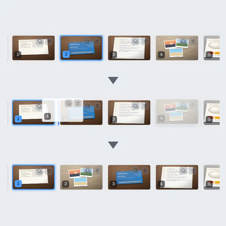 The page strip three times: five photos as five pages, the trip photos dragged from fourth place, and the trip photos now second