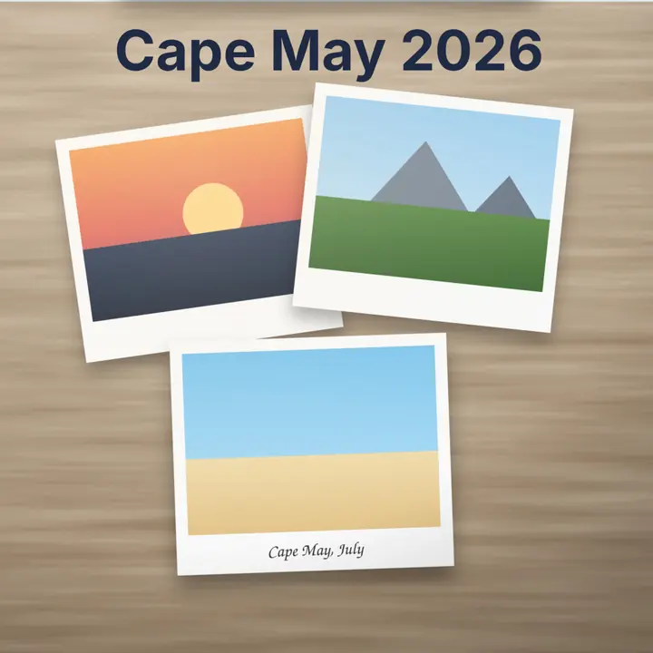 The title Cape May 2026 typed above three trip photos