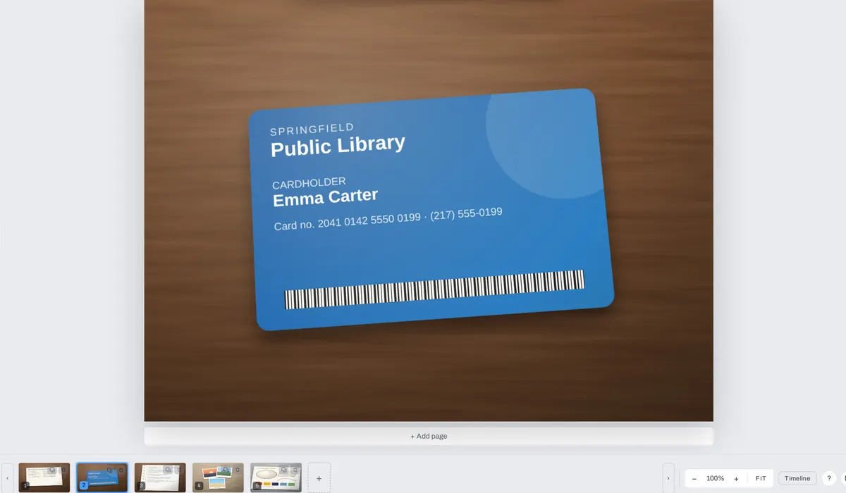 The editor with a library card photo filling its page, and the strip below with five photos as five pages: a recipe card, the library card, a homework page, trip photos and a sketchbook page