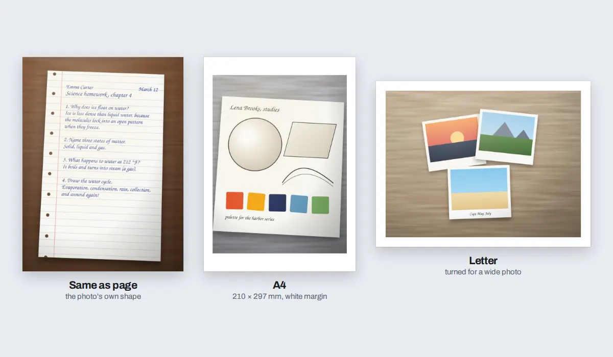 Pages of the downloaded PDFs: a homework page at its own shape, a sketchbook page on an A4 sheet inside a white margin, and trip photos on a Letter sheet turned sideways