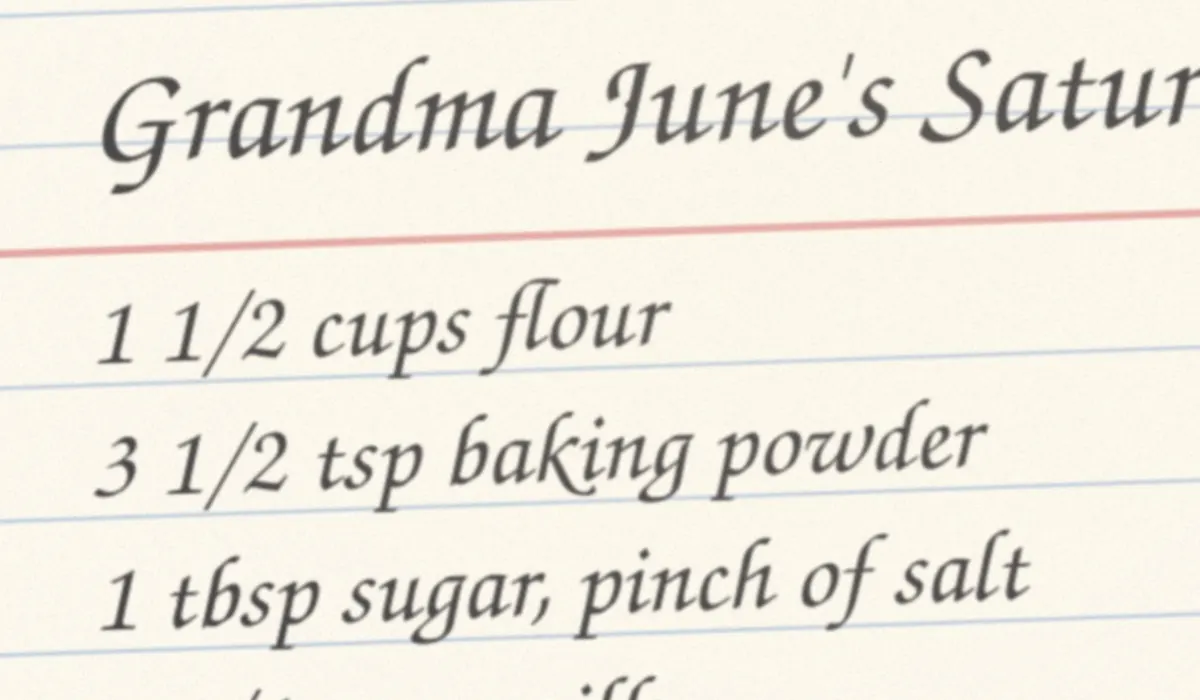 A close-up of the handwritten recipe card, Grandma June's Saturday Pancakes, cut from the downloaded PDF at full size: every pen stroke sharp
