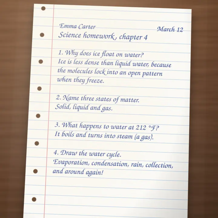 A photo of a handwritten science homework page by Emma Carter on lined paper
