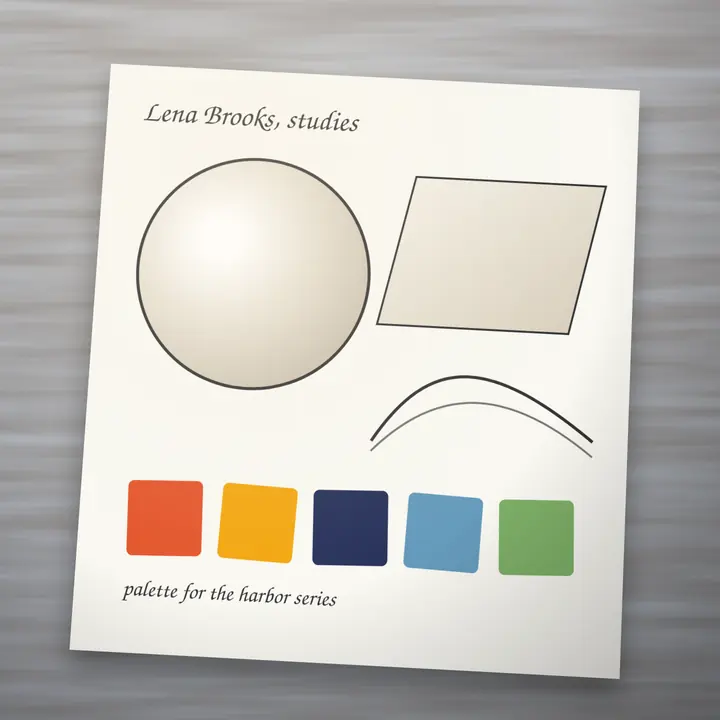 A sketchbook page of studies and colour swatches by Lena Brooks, photographed for a portfolio