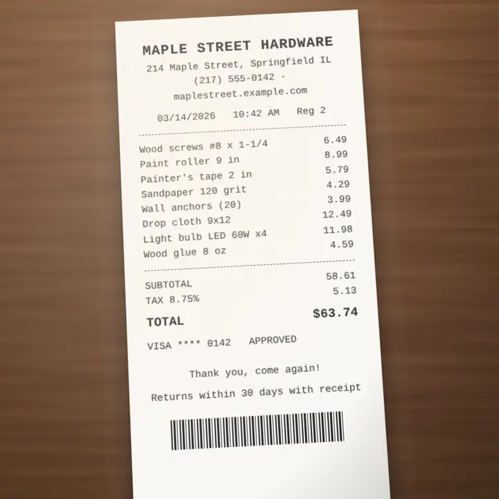 A photo of a Maple Street Hardware receipt on a wooden table, total $63.74