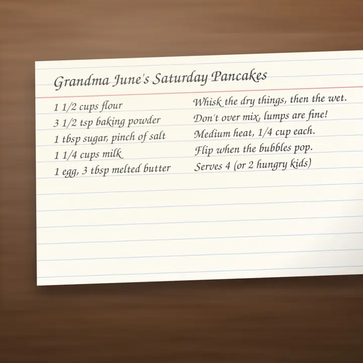 A photo of a handwritten recipe card, Grandma June's Saturday Pancakes