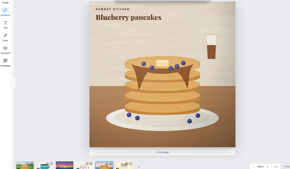 The editor with a picture of blueberry pancakes on its page, and the strip below with six JPG images as six pages: a dog, a mug, a sunset, a drawing, the pancakes and a yard sale flyer