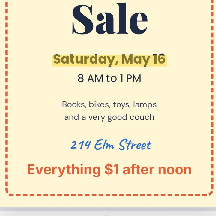 The words Everything $1 after noon typed on the Elm Street Yard Sale flyer