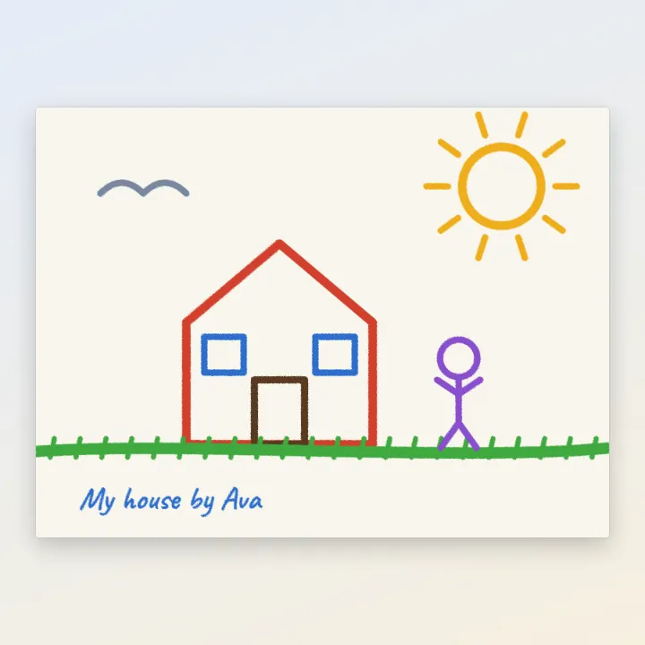 A crayon drawing of a house, the sun and a stick figure, titled My house by Ava