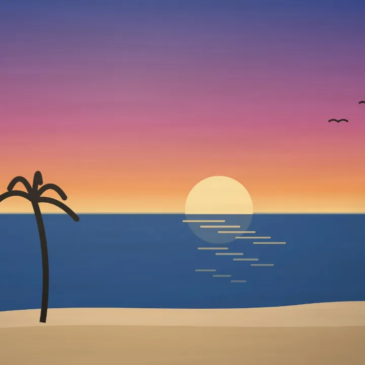 A palm tree on a beach at sunset