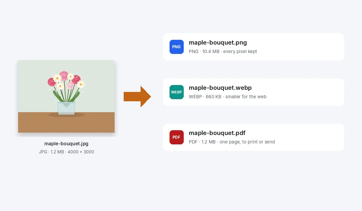 One JPG of the bouquet, and the same picture saved as a PNG, a WebP and a one-page PDF