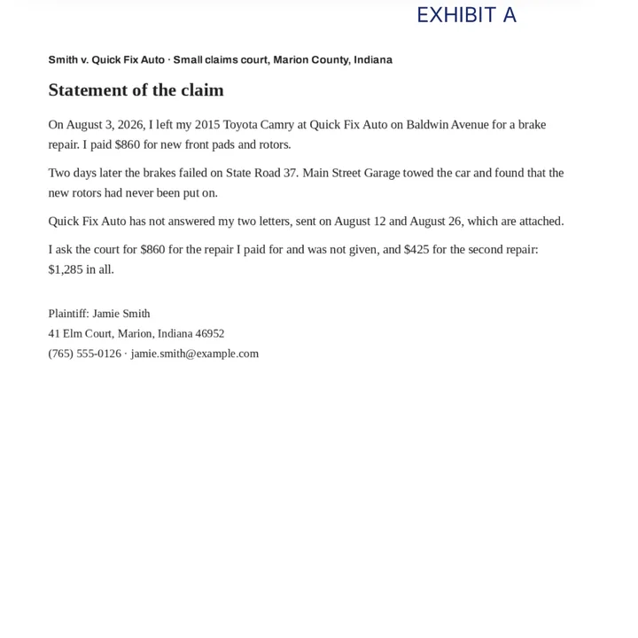 A small claims court packet page with the label Exhibit A typed in its top corner