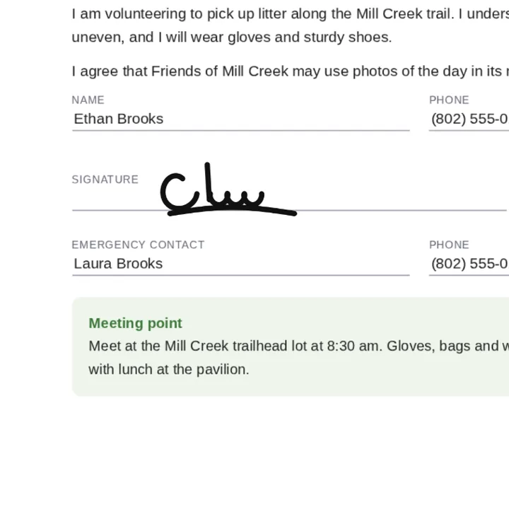 A trail cleanup volunteer waiver with a signature drawn with the Pen on its signature line
