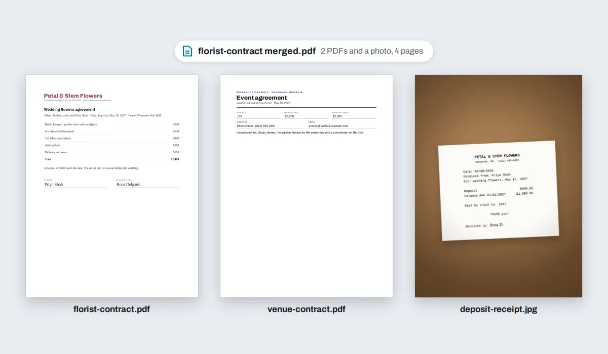 A wedding vendor packet merged into one PDF: the florist's contract, the venue agreement and a phone photo of the deposit receipt, now a page of its own