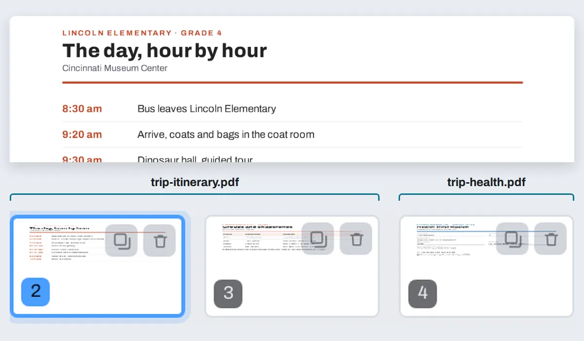 A merged school field trip packet in the editor: the schedule page open, and pages 2 to 4 in the strip below it, the two schedule pages and the health form, each under the name of its file