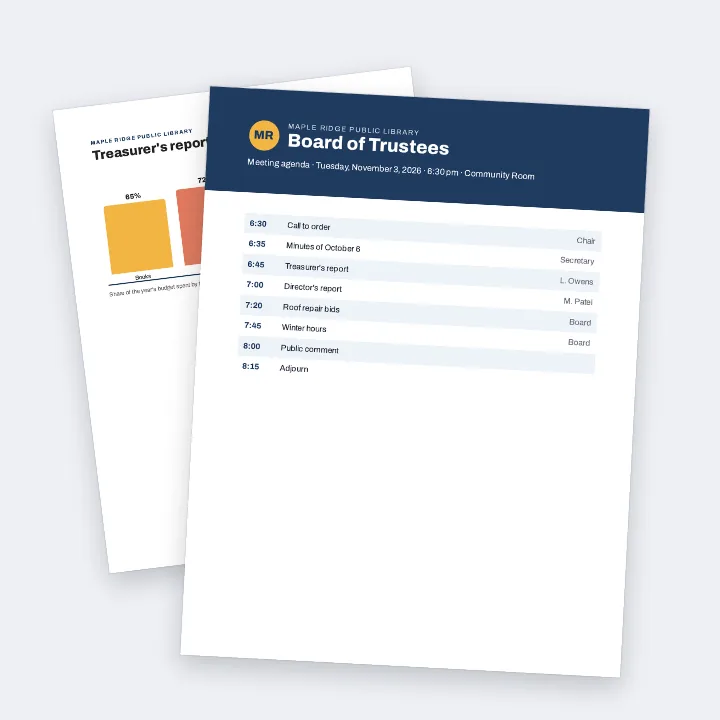 A library board meeting packet merged into one PDF: the navy agenda page over the treasurer's bar chart