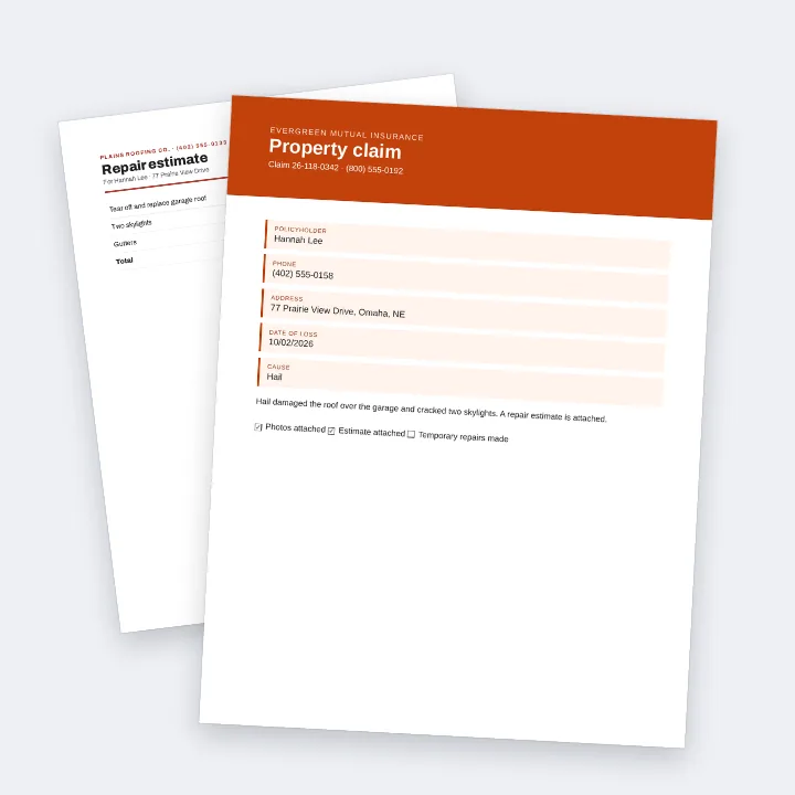An insurance claim merged into one PDF: the orange claim form over the roofer's repair estimate