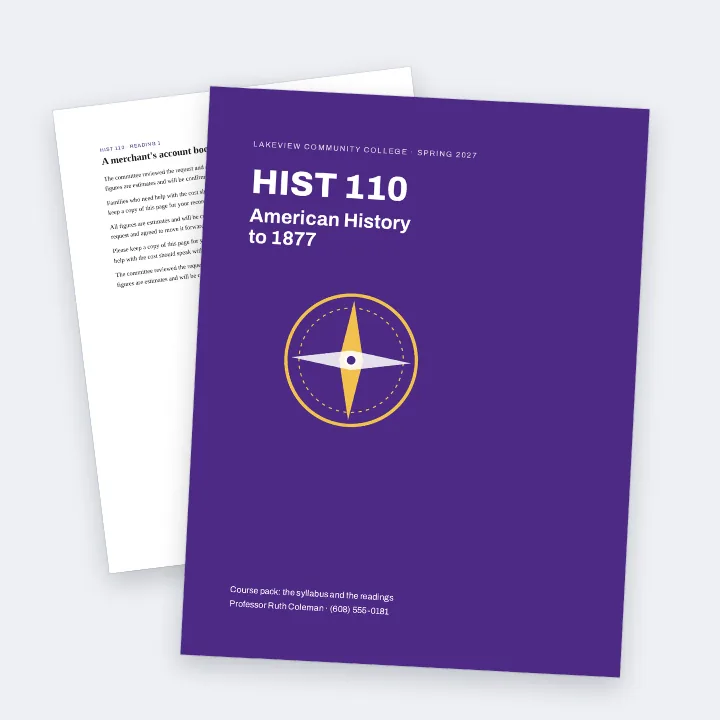 A course pack merged into one PDF: the purple syllabus cover over a reading