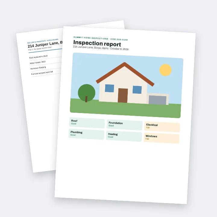 A home sale packet merged into one PDF: the inspection report with a picture of the house, over the seller's disclosure