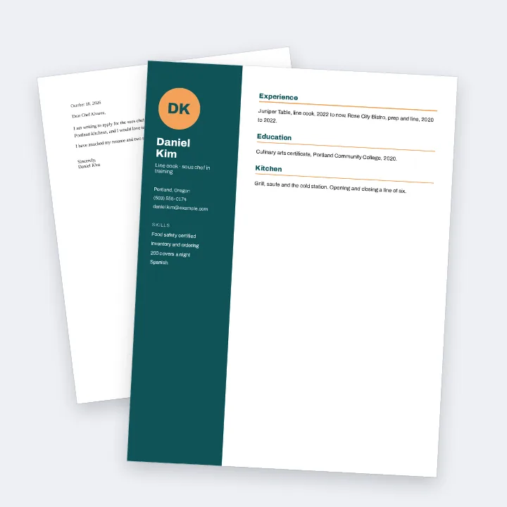 A job application merged into one PDF: a cook's resume with a teal sidebar, over the cover letter