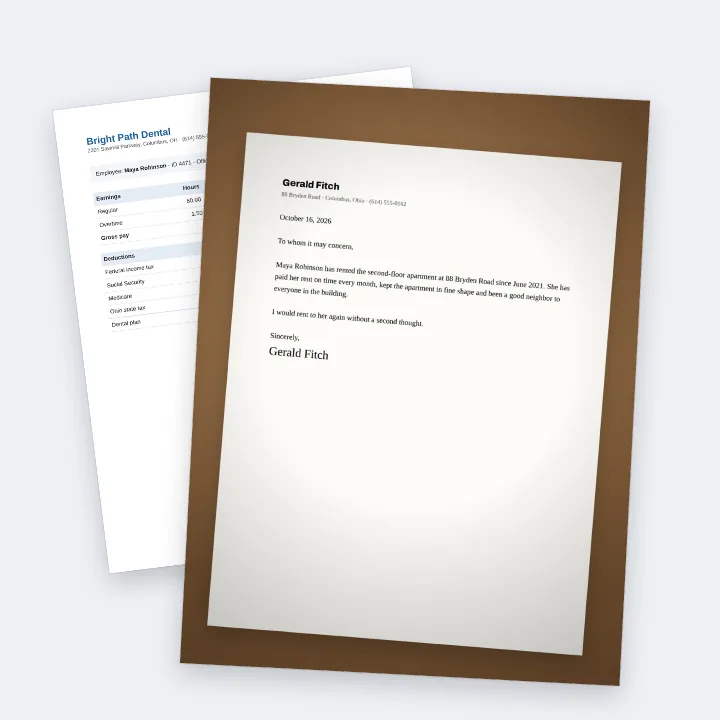 A rental application packet merged into one PDF: a phone photo of a landlord's reference letter on top of a pay stub
