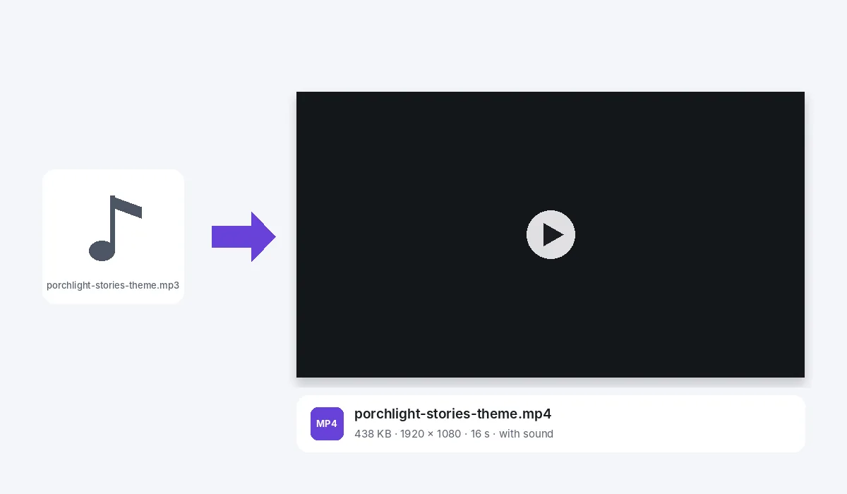 The Porchlight Stories theme MP3 alone, and a frame of the MP4 made from it: a plain dark 1920 by 1080 frame