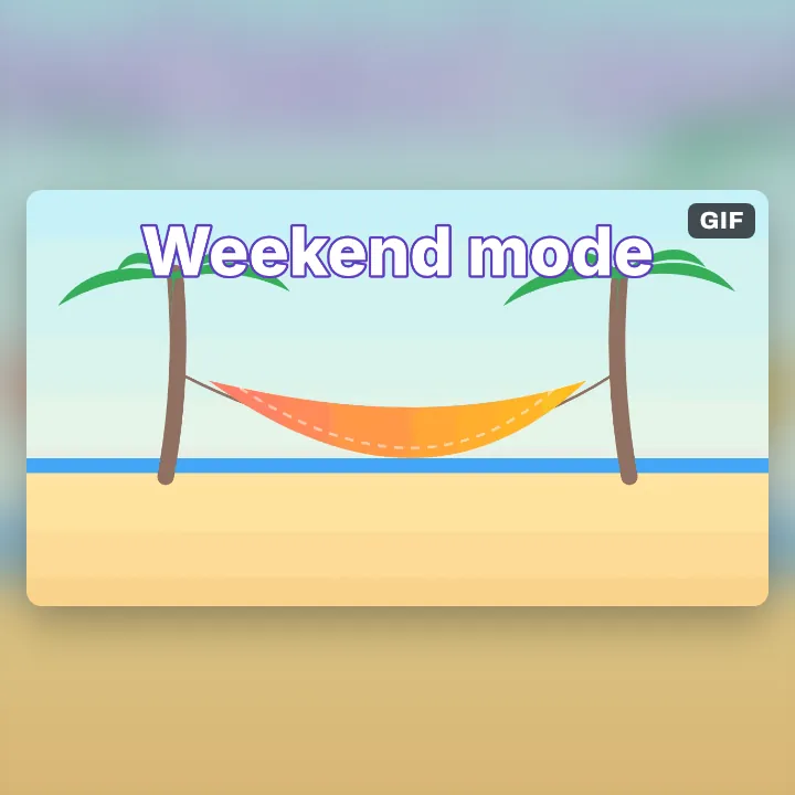 A hammock swinging between two palm trees on a beach, with the words Weekend mode across the top of the GIF