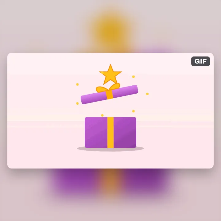 A purple gift box whose lid pops open as a gold star springs out, a GIF for an email