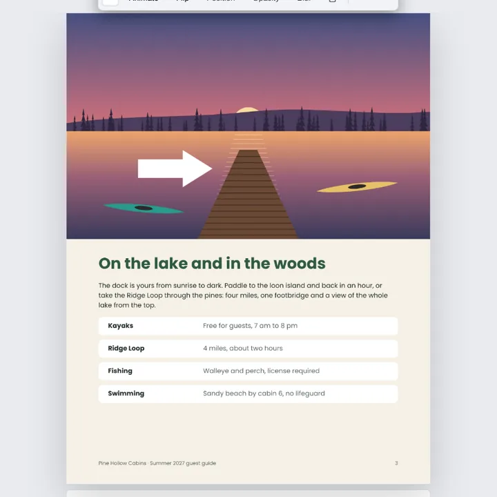 The lake page of the guide with a white arrow added, pointing at the dock