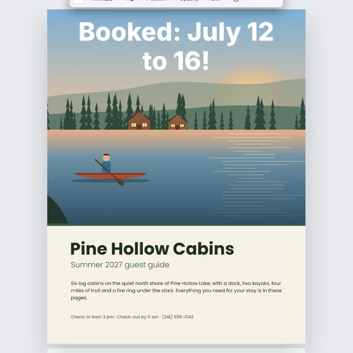 The cover of the cabin guide in the editor with the words Booked: July 12 to 16! typed in white over the sky