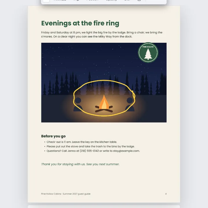 The evening page of the guide with the fire ring circled in yellow with the Pen