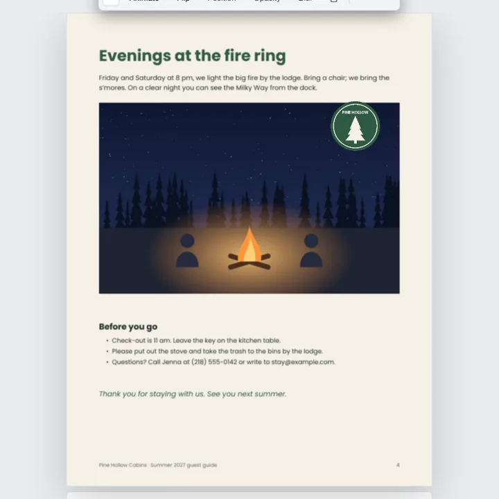 The evening page of the guide with the round Pine Hollow logo placed in the corner of the campfire photo