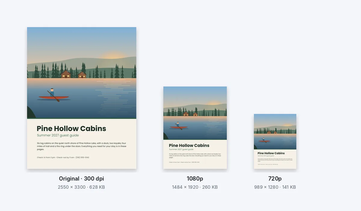 The guide's cover at three sizes, Original, 1080p and 720p, each with its pixels and file size