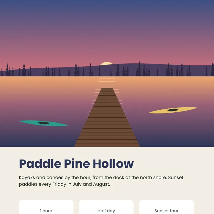 A kayak rental page as a JPEG: the dock at sunset with two kayaks, and three prices