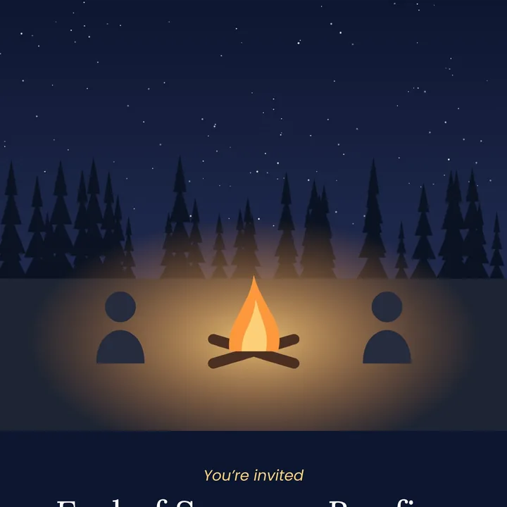 An invitation to an end of summer bonfire as a JPEG, two people by a fire under the stars