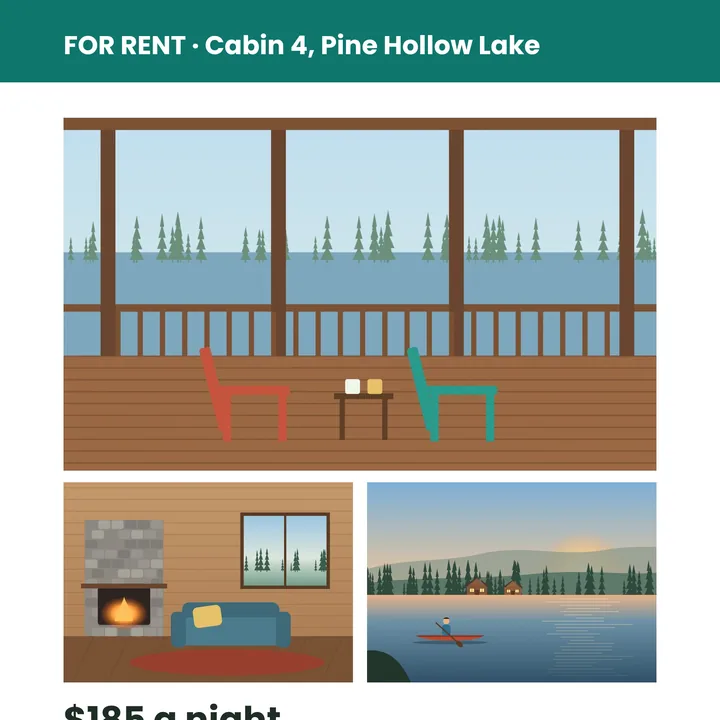A cabin for rent as a JPEG: a porch on the lake, a room with a fireplace and the price a night