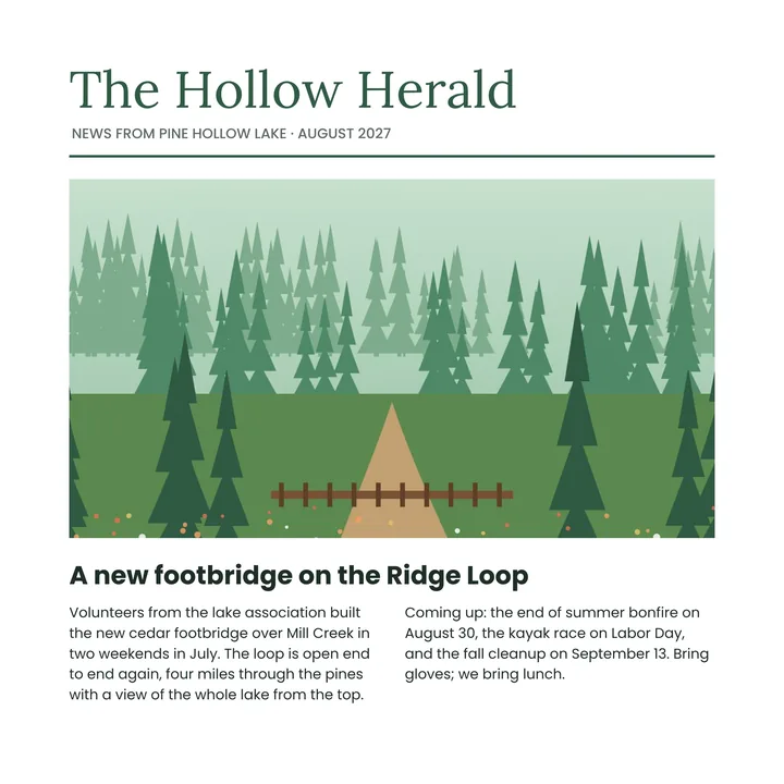 The Hollow Herald newsletter as a JPEG, its front story about a new footbridge on a forest trail